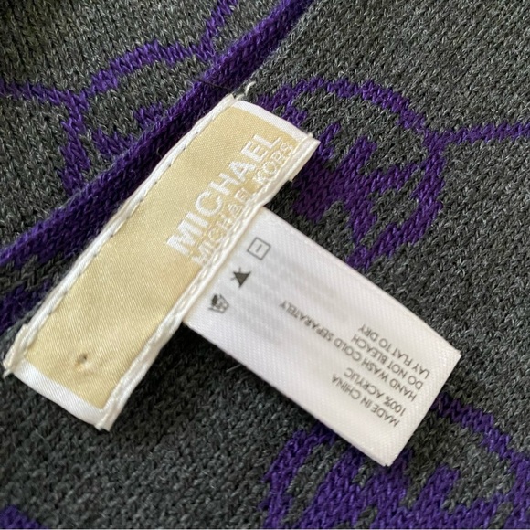 Michael Kors Purple Scarf MK Logo Reversible Grey Royal Knit Classic Patterned - Picture 4 of 4